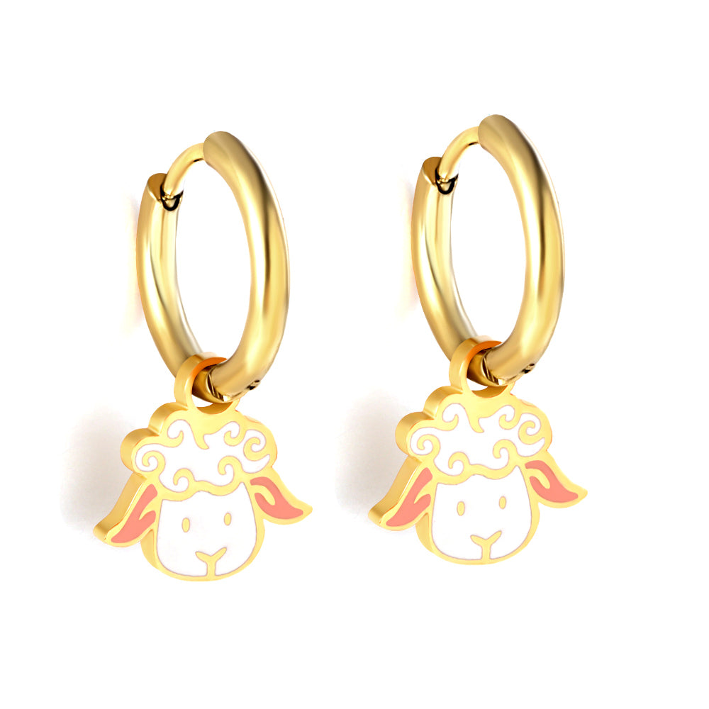 New Stainless Steel Circle With Mixed-colored Lamb Head Earrings asonjewelry